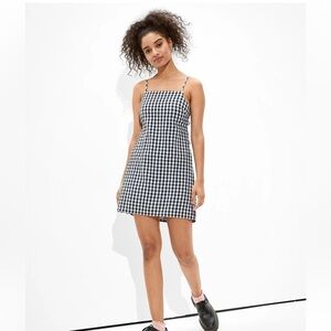 American Eagle Linen Cotton Blend Black White Check Mini Dress Tie Back Size Sm